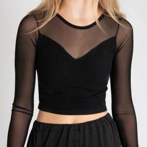 90s black mesh sheer illusion seamless long sleeve crop top
